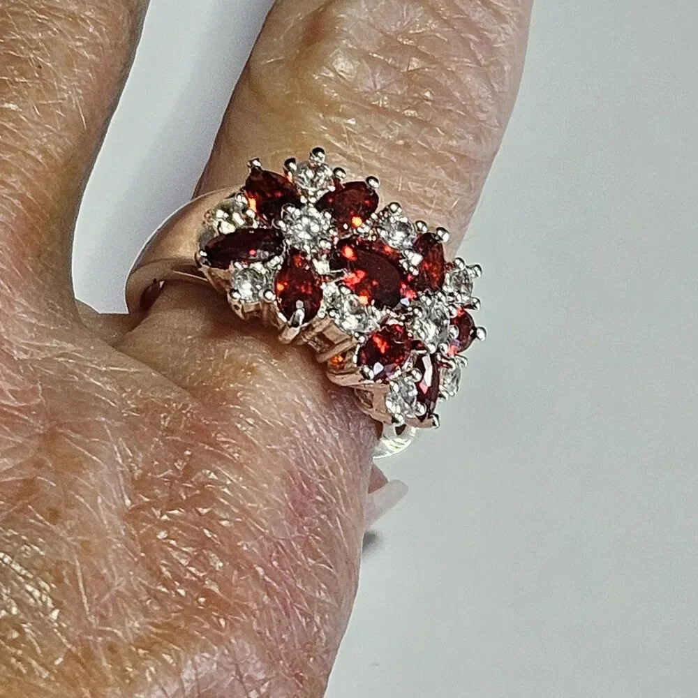 Sterling Silver Orange & Clear Rhinestone Flower Ring Sz 7.5